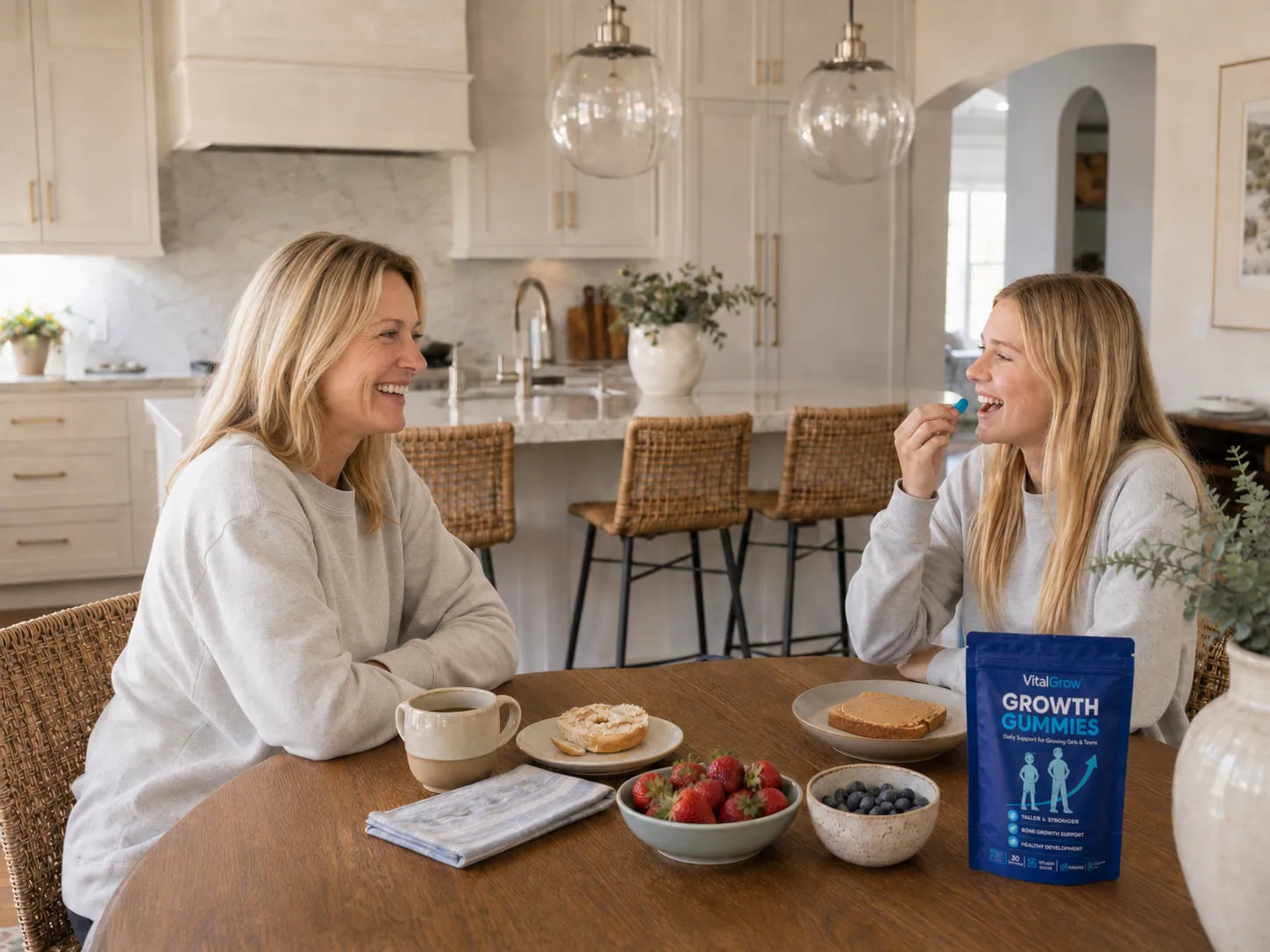 Mother and teenage daughter including VitalGrow Gummies in their breakfast routine