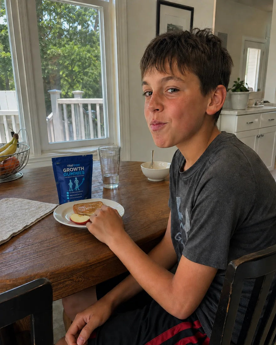 Teen enjoying VitalGrow Gummies with breakfast