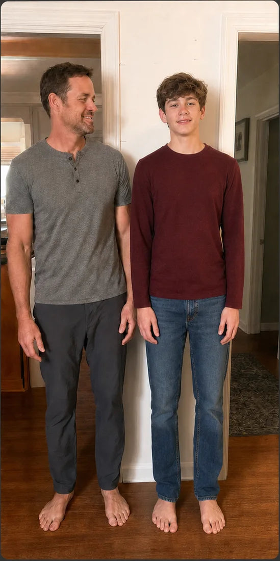 Father and teenage son standing together