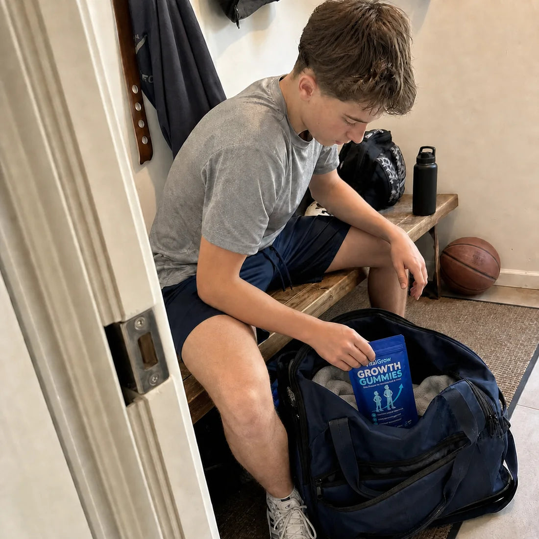 Teen packing VitalGrow Gummies in a sports bag