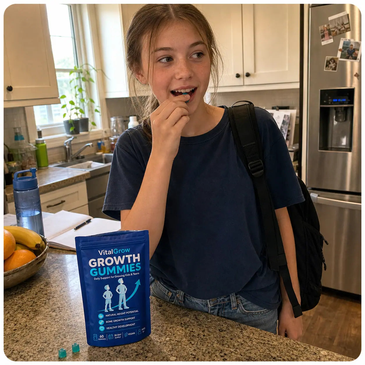 Teen girl enjoying a VitalGrow gummy before school